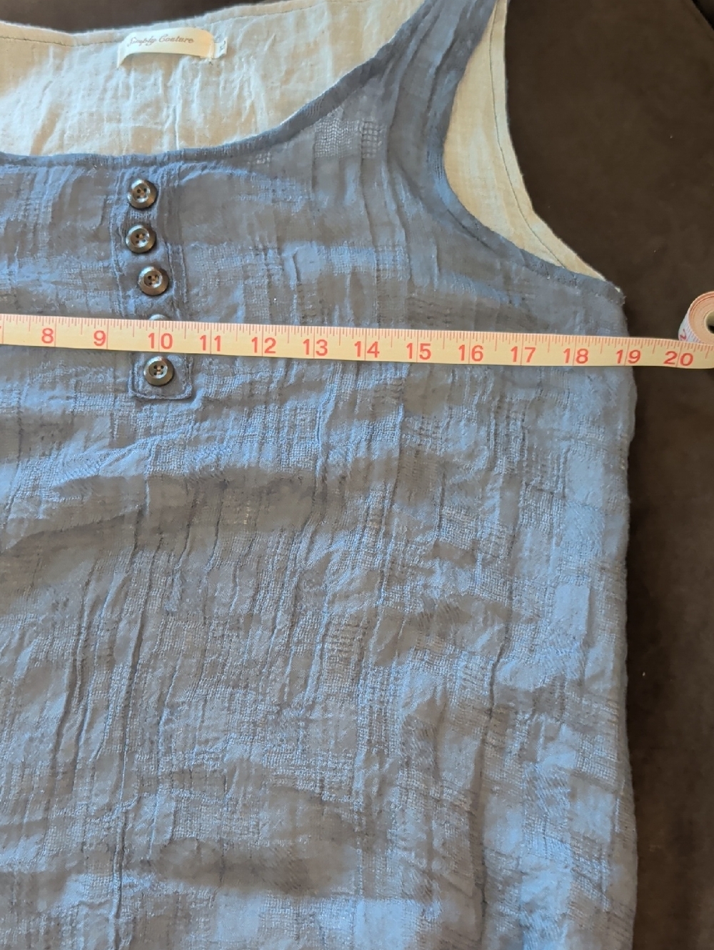 Simply Couture Slate Blue Linen Tank Dress with Ivory Hem Trim - Picture 7 of 8